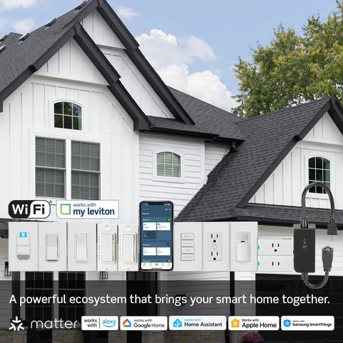 Slick WiFi Smart Dimmer Switch With Hassle Free App Control Smooth Fade Dimming And Remote Vibe Tweaks For Home And Office In Classic White Decorator Wall Plate displayed on house exterior with various smart devices.