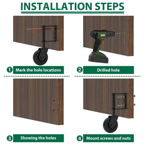 Installation steps for Badass Heavy Duty Gate Wheels 4.3 Inch Solid Steel Roller With Spring Shock Absorption on wood.
