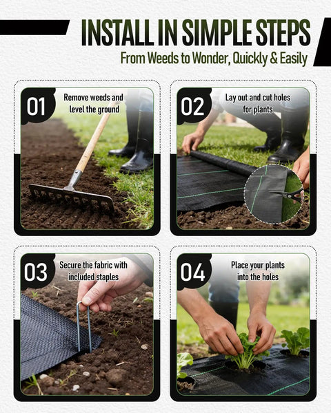Step-by-step guide showing installation of Heavy Duty Weed Barrier Fabric 3 Ft by 300 Ft Woven Geotextile 3.2 Oz for gardens.