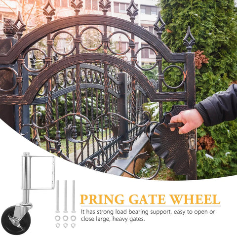 Heavy Duty Spring Loaded Steel Gate Caster Wheel Built Damn Tough To Handle Seventy Five Kilograms. Installed on a large garden gate.