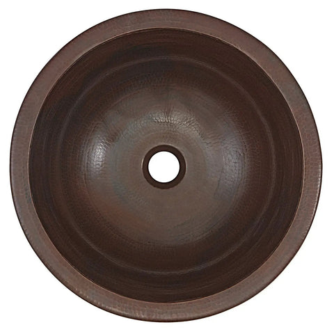 Top view of Dual Mount Handmade Pure Solid Copper Bathroom Sink In Aged Copper Finish, Fifteen And A Half Inch, circular basin