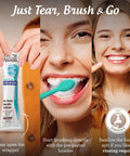 Mini Disposable Travel Toothbrush With Pre Pasted Toothpaste And Built In Toothpick in use by smiling woman, no rinse needed