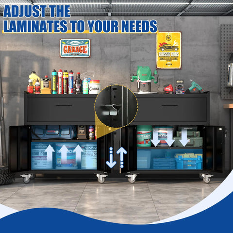 35 Inch Adjustable Shelf Tool Storage Cabinet With Rollin Smooth Locking Casters And Locked Tight Heavy Duty Frame For Professional Garage Workspace Setup In Deep Matte Black, showing adjustable shelves and smooth-locking casters.