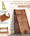 Folded foldable 3 tier ladder plant stand made of solid wood for indoor outdoor use, no assembly required, leaning against wall.