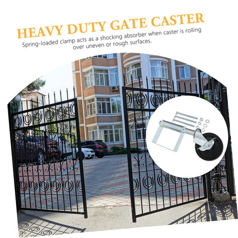 Heavy Duty Spring Gate Caster For Fences That Glides Real Smooth Over Rough Concrete Dirt And Gravel Like A Dream While Crushing Up To Two Hundred Pounds Without Breaking A Sweat mounted on a decorative black gate.