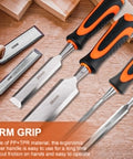 Close-up of 10 Piece Wood Chisel Set With Honing Guide And Sharpening Stone Includes Carpenter Pencils And Sharpener A Complete DIY And Pro Grade Woodworking Kit For Home Projects 6mm 13mm 19mm 25mm 32mm 38mm Chisels