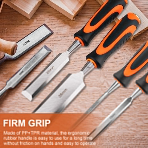 Close-up of 10 Piece Wood Chisel Set With Honing Guide And Sharpening Stone Includes Carpenter Pencils And Sharpener A Complete DIY And Pro Grade Woodworking Kit For Home Projects 6mm 13mm 19mm 25mm 32mm 38mm Chisels