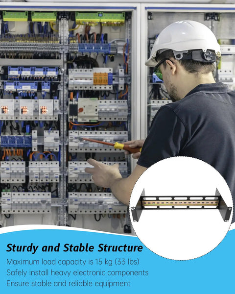Technician installing Rack Ready 19 Inch Rack Mount DIN Rail Kit in a control panel, showing heavy duty metal structure.