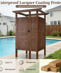 All Weather Solid Wood Outdoor Shower Enclosure With Storage Shelf And Lockable Door by poolside, waterproof design shown