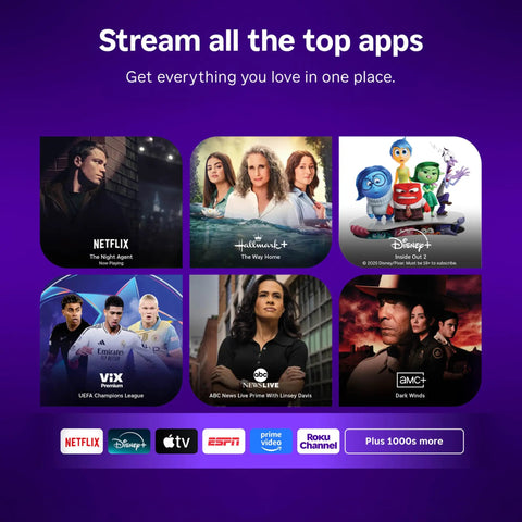 Collage of streaming apps including Netflix, Hallmark+, and Disney+, featuring shows and sports for the Next Level HD Media Stick Player With Clutch Voice Remote For Smooth Streaming Of Live TV Free Movies And Your Favorite Apps Designed For Zero Hassle Plug And Play Everyday Setup.