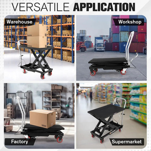 Hella Sturdy Hydraulic Lift Table Cart 1100 Pound Capacity in warehouse, factory, workshop, and supermarket settings.