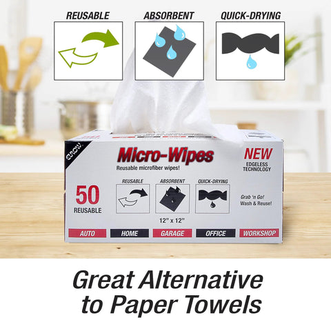 Micro-Wipes microfiber cleaning cloths in a dispenser box, 50-pack, 12x12in, white.