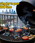 Funny Man Shaped Hot Dog Holder For Grilling Hands Free Stainless Steel Sausage Stand on grill with city backdrop