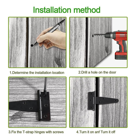 Installation steps for Eight 4-Inch T-Strap Door Hinges With Mounting Screws, showing drilling and hinge fixing on barn doors.