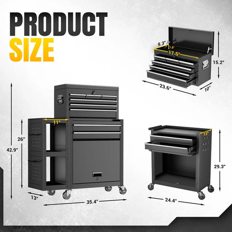 Product size image of Smooth Rolling 8 Drawer Tool Chest With Nifty Detachable Modular Layout And Secure Locking Drawers For Top Shelf Garage Storage Slick Black Finish.