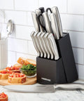 Gotta Have This Knockout 15 Piece Kitchen Knife Set Featuring Hella Sharp High Carbon Stainless Steel Blades in black block with cutting board.