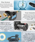 Components of the KITLUCK 120V 1/2 HP 1500GPH Cast Iron Water Transfer Pump, including hose adapters and sealing tape.