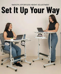 Adjustable Height Rolling Desk With Wheels Portable Compact Laptop Table Mobile Workstation For Study Office Small Space Standing Desk Ergonomic Writing Surface White Modern Home Furniture in use