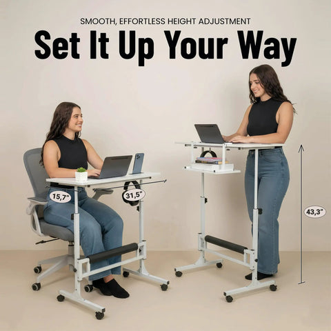 Adjustable Height Rolling Desk With Wheels Portable Compact Laptop Table Mobile Workstation For Study Office Small Space Standing Desk Ergonomic Writing Surface White Modern Home Furniture in use