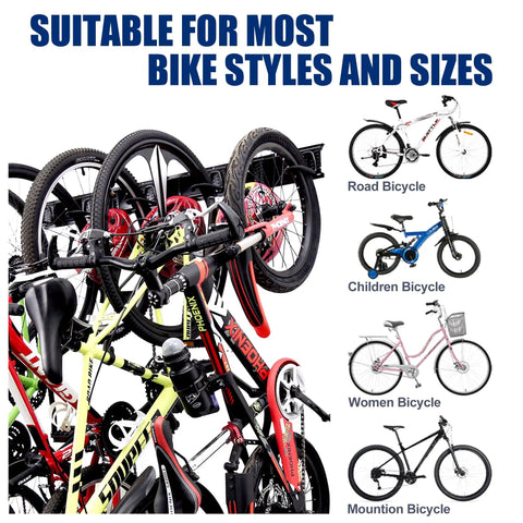 Wall Mount Bike Storage Rack For 5 Bikes And 3 Helmets, Heavy Duty Indoor Garage Organizer with various bike styles shown