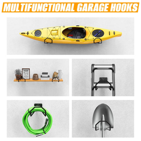 Badass Heavy Duty Garage Storage Hooks holding a yellow kayak, shelf items, hose, ladder, and shovel on a wall.