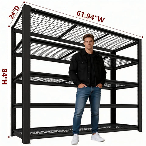 Heavy Duty Metal Garage Shelving Rack With Fully Adjustable Shelf Heights Built Like A Tank To Move Heavy Equipment And Shop Tools, 61.94"W x 24"D x 48"H, matte black.
