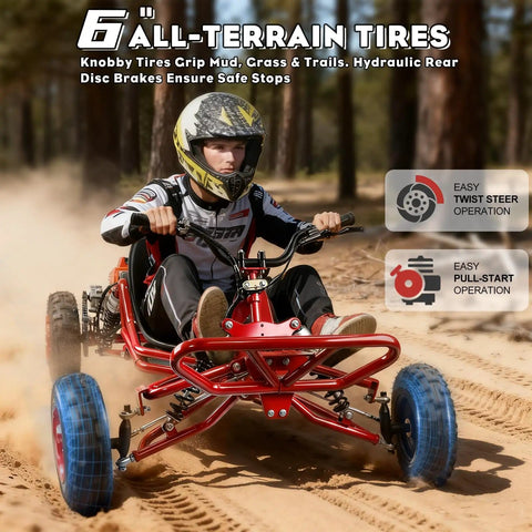 Rugged 64cc Two Stroke Gas Go Kart With Two And A Half HP Hydraulic Disc Brake Steel Tubular Frame Six Inch All Terrain Tires