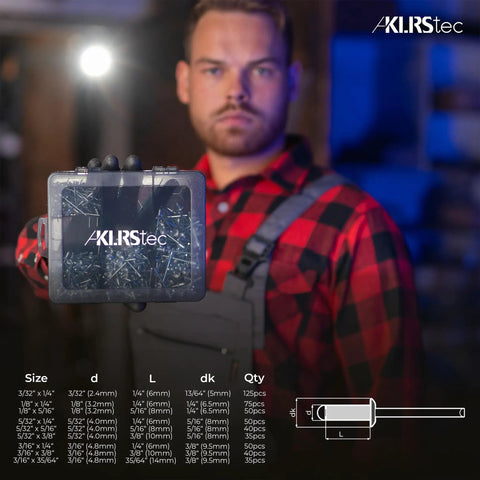 500-Piece Heavy Duty Aluminum Pop Rivet Assortment Kit With Steel Mandrels shown in a tool case held by a person wearing gloves.
