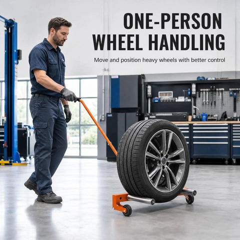 Heavy Duty Tire Dolly Cart With Comfy Handle To Haul Hella Heavy Rims Up To 350 Pounds Across Busy Garages Without Leaving Your Back Feeling Shot Tomorrow, moving a tire effortlessly.