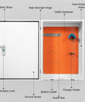 Rock Solid EV Charger Enclosure Box With Combo Lock And Key Access wall mount showing interior features like cable organizer and heat dissipation holes.