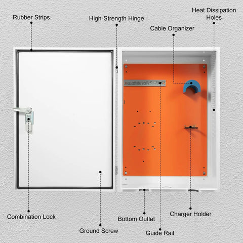 Detailed view of Rock Solid Ev Charger Station Cabinet With Lockable Lid And Built In Cooling Vents For Indoor Garage Setup features.