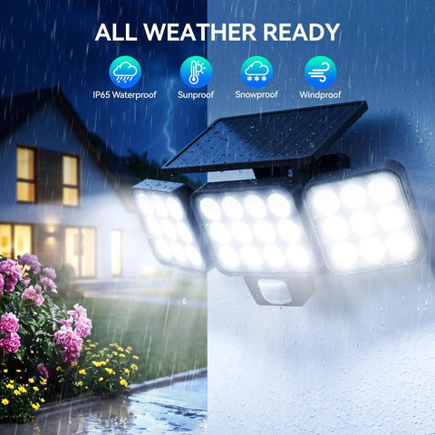 Fly Hella Bright Solar Flood Lights With Rapid Trigger Motion Sensor And Pocket Remote 3500 Lumen Cob Led on wall in rain.