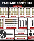 ISINLASSO 36-in-1 bearing puller kit contents: gold-tone puller heads, rods, nuts, hooks, wrench, discs, spacers.