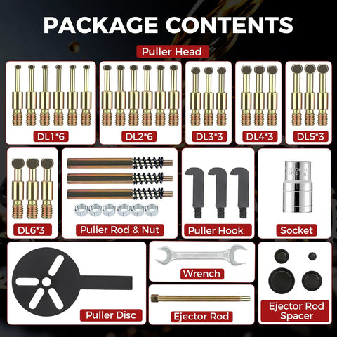 ISINLASSO 36-in-1 bearing puller kit contents: gold-tone puller heads, rods, nuts, hooks, wrench, discs, spacers.