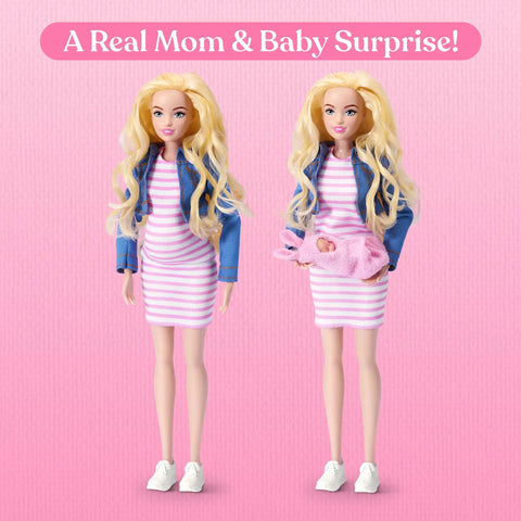 Kicksit Real With This Super Squishy Mom And Baby Surprise Playset Featuring A Drop Down Belly Reveal Fresh Nurture Kit for role play dolls in pastel attire.