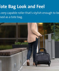 Woman pulling Hardcore Protection 15.6 Laptop Rolling Bag Multi Directional Spinner Wheels Water Resistant Executive Business Travel Case Wheeled Tote Roll Easy Black on sidewalk.