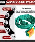 Green Polyester Endless Round Lifting Sling For Hoist Use Workhorse Ready Rigging Slings displayed with application icons.