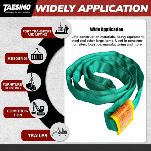 Green Polyester Endless Round Lifting Sling For Hoist Use Workhorse Ready Rigging Slings displayed with application icons.