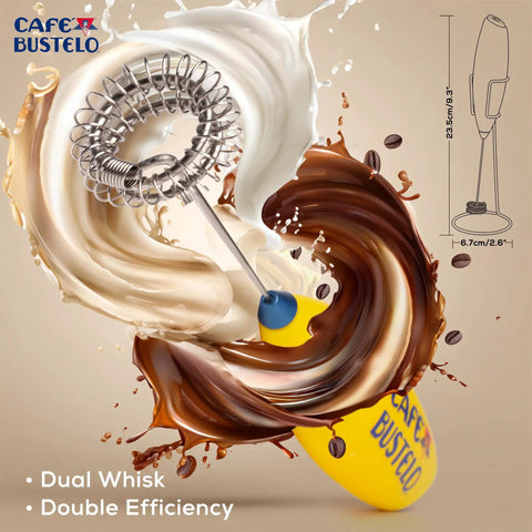 Electric Coffee Milk Frother Handheld Battery Operated Drink Mixer with Stainless Steel Whisk and Stand in Bold Yellow