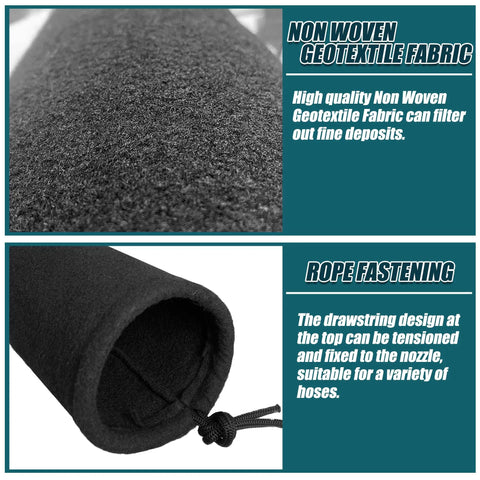 68 Inch Long Sediment Filter Sock With Drawstring Lengthening Design shown in non-woven geotextile fabric and rope fastening detail.