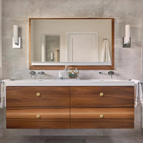 Brushed Gold Solid Brass Cabinet Knobs 5 Pack 1.18 Inch Diameter Drawer Pulls on bathroom vanity