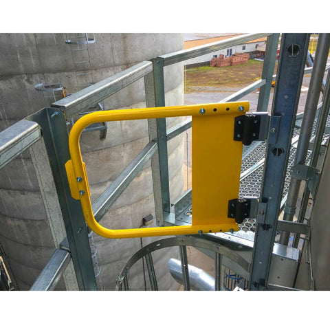 Heavy Duty Self Closing Pool And Child Safety Gate Hinges With Alignment Legs For Metal Gates Chrome Finish installed on industrial scaffolding.