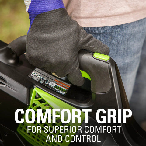 Close-up of hand holding 80V Cordless Axial Leaf Blower with comfort grip for ergonomic control, part of product's design