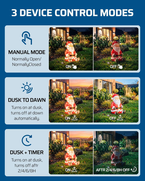 3 device control modes for Top Notch Outdoor Power Stake Timer With Waterproof Shell And Automatic Dusk To Dawn Scheduling.