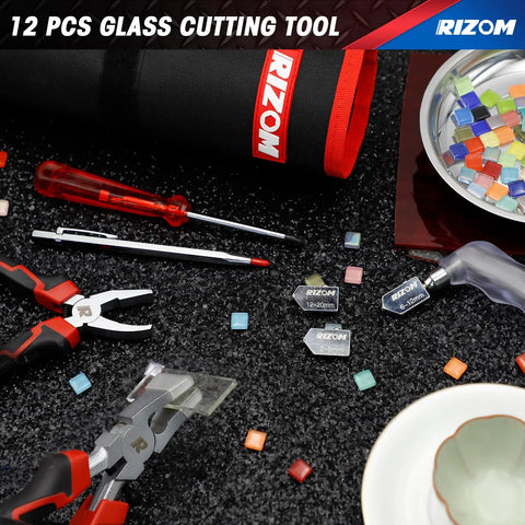 Killer Glass Cutter Set With Solid Oil Feed Tool For Smooth Line Adjusts From 2mm To 20mm with tools laid out on a black surface.