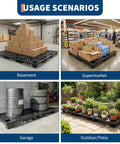 4 Pack Plastic Pallet With Perforated Ventilated Grid, Modular Stackable Tray, used in various settings including supermarket and garage
