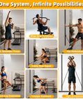 Built Different Adjustable Aluminum Resistance Band Wall Anchor With 40 Inch Sliding Track And 39 Precise Height Positions For Top Shelf Home Gym Training exercises in a home gym setup.