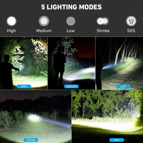 Two Pack Rechargeable LED Flashlights Crazy Bright 990,000 Lumens with Five Modes IPX6 lighting modes demonstration