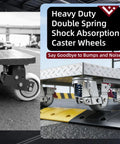 Extra Tough Five Inch Caster Wheels With Dual Spring Shock Absorption on industrial cart, gliding smoothly over bumps.