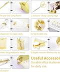 Shiny Gold Tone Office Desk Accessories Set With Acrylic Stapler Tape Dispenser Staple Remover Pen Holder Scissors Binder Clips 1000 Staples And Ballpoint Pen For A Must Have Neat Pro Style Workspace shown with individual components labeled.